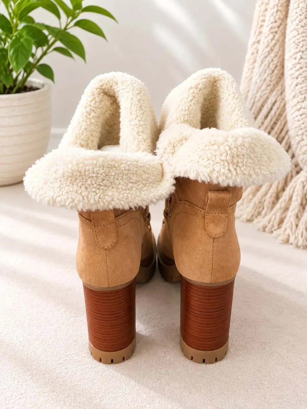 Michael Kors Culver Embellished Sherpa Lace-Up Boots in Tan Gold